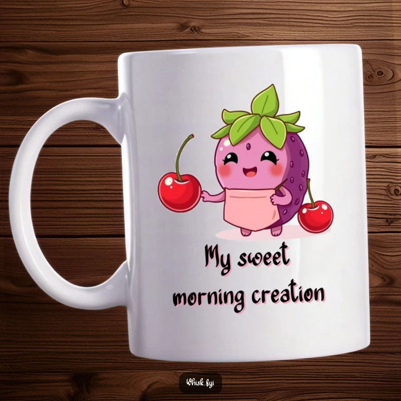 Funny berry chef mug with a delighted berry wearing an apron carefully placing a cherry, showcasing culinary delight.