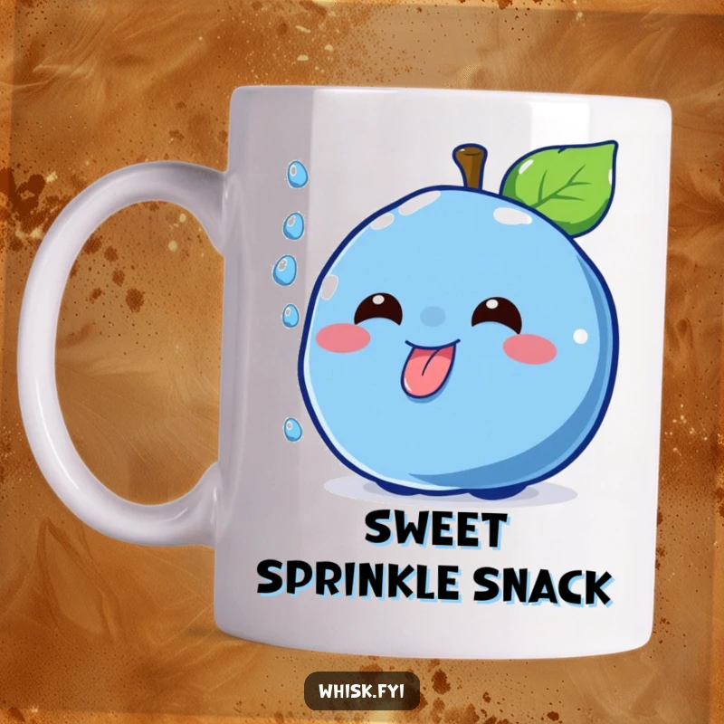 Funny cheerful blue blueberry character with a mischievous grin catching a falling sprinkle with its tongue on this mug, dessert humor gift.