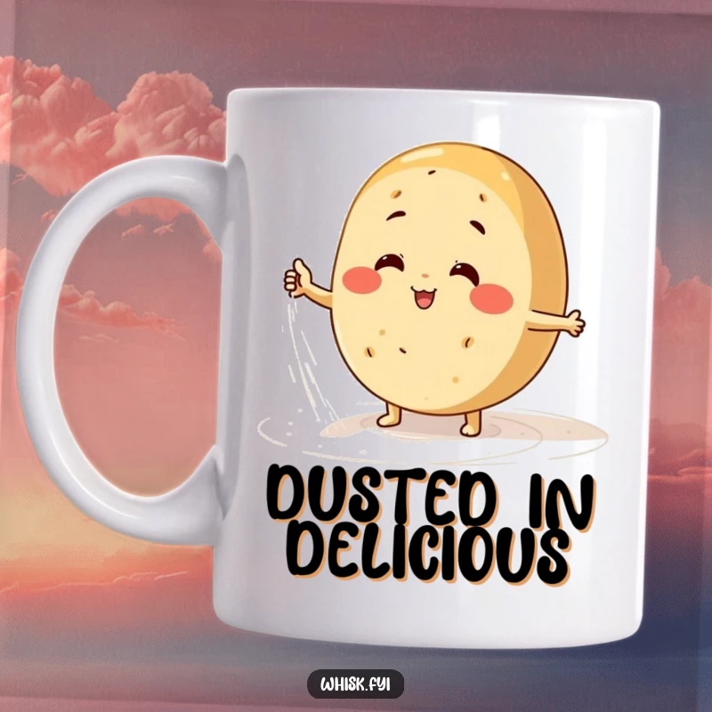 Funny round bread character energetically dusting flour on a flat surface with a playful expression.