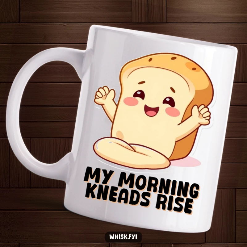 Funny mug of a delighted bread loaf with arms, smiling wide as it enthusiastically kneads dough, bringing baking joy.