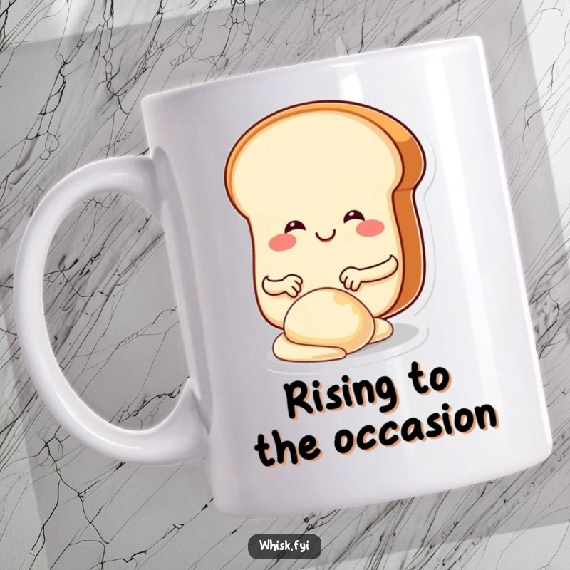 Funny, smiling slice of bread character happily kneading dough with small, cute hands, conveying baking joy.