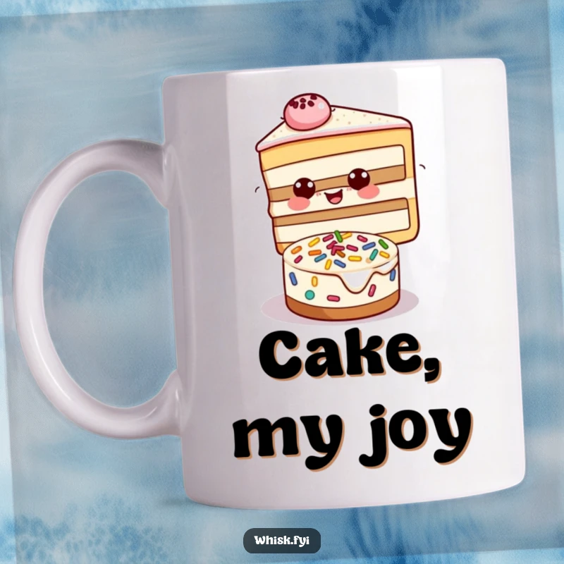 Funny mug featuring a beaming slice of cake happily adding sprinkles to a smaller cake, perfect for bakers.