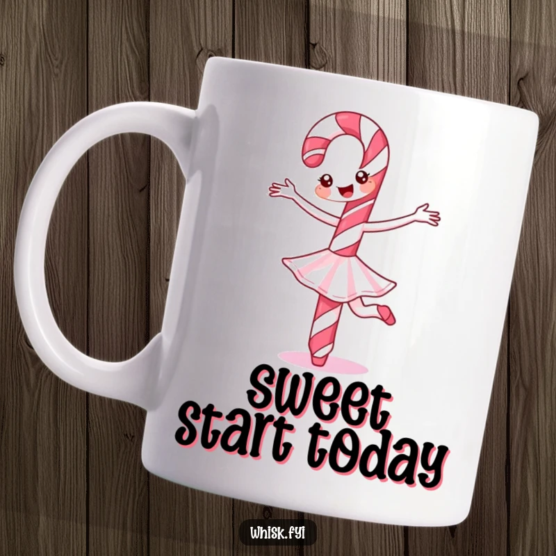 Funny Candy Cane Ballet Mug depicting a happy candy cane gracefully performing a ballet twirl, radiating festive joy.