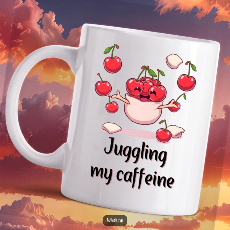 Funny playful bunch of cherries character skillfully juggling flour sacks on a mug, representing baking activity.