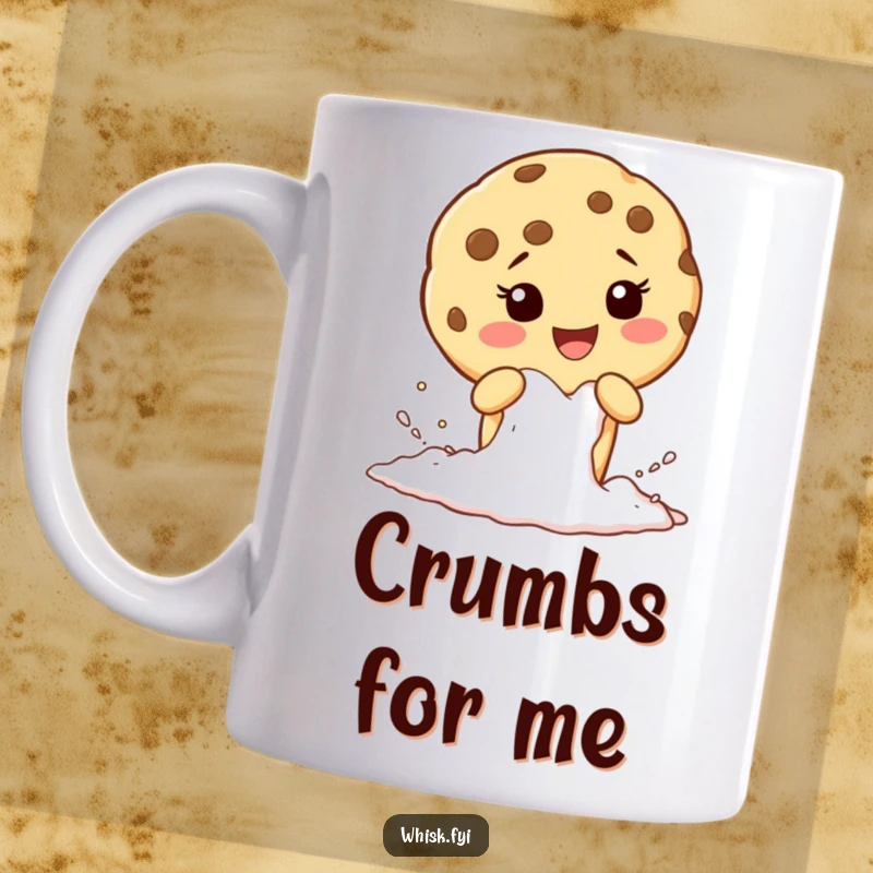 Funny mug featuring a giggling cookie character enthusiastically sifting flour, ready for baking.