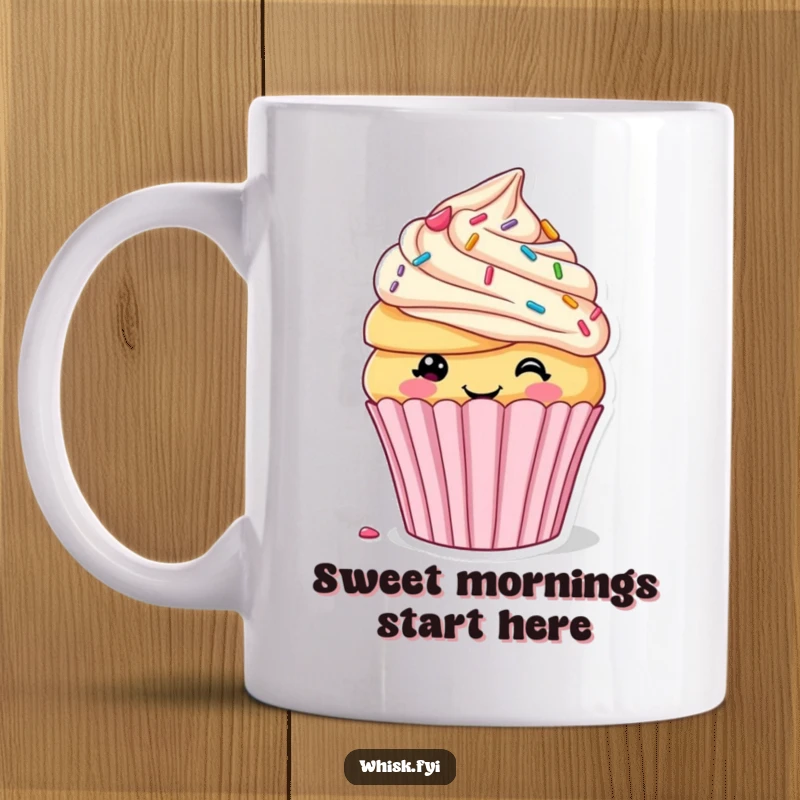 Funny mug showing a smiling cupcake enthusiastically decorating itself with colorful sprinkles and creamy frosting, radiating pure joy.