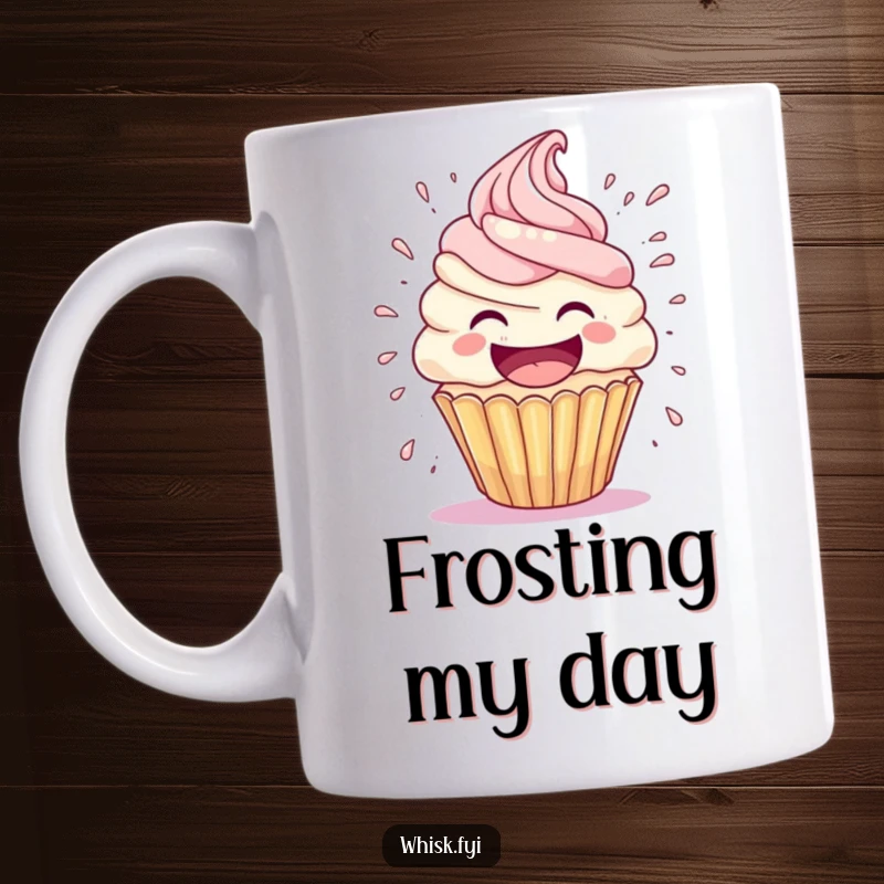 Funny cupcake mug shows a laughing cupcake character with frosting exploding comically from its head, a humorous design.