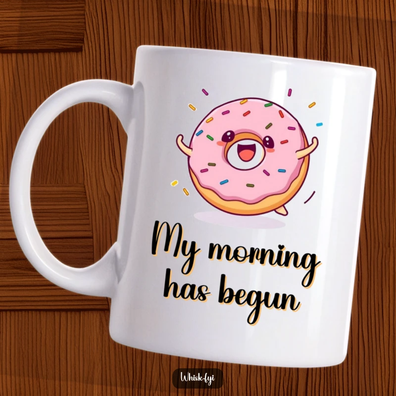 Funny donut mug shows a happy donut character rolling with excitement, sprinkles flying, perfect for a cheerful morning.