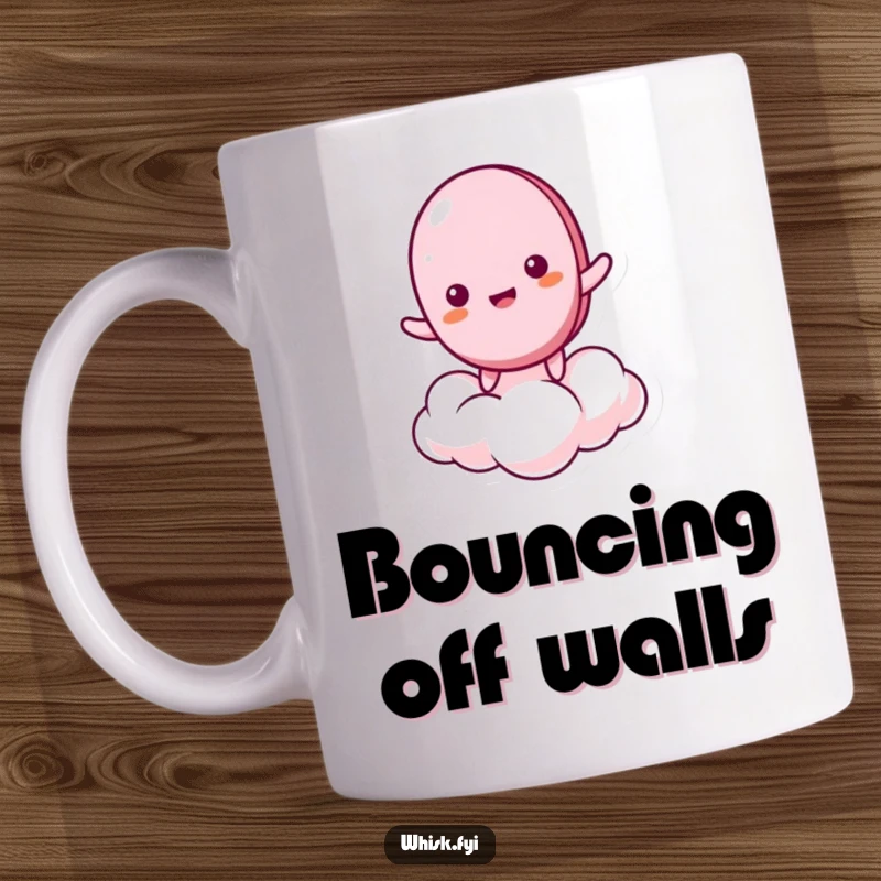 Funny mug featuring a giddy macaron character joyfully bouncing on a fluffy, springy meringue cloud, radiating pure delight.