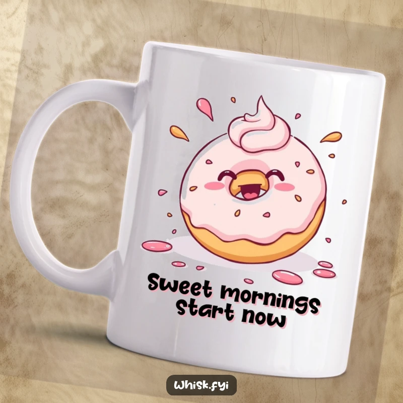 Funny kawaii donut joyfully splattering frosting with playful abandon, printed on a mug. A sweet and humorous design for dessert lovers.