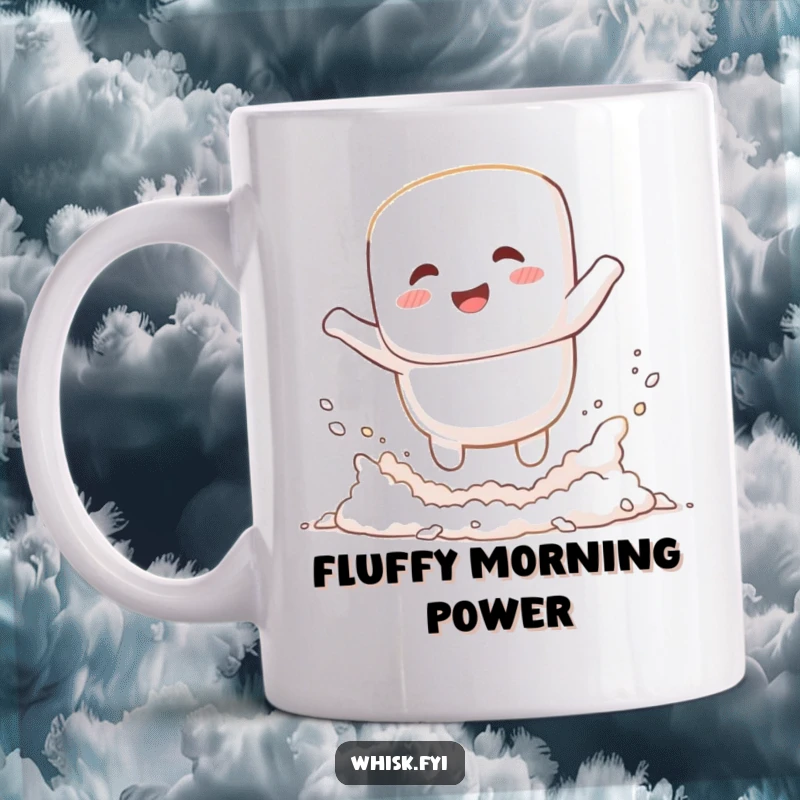 Funny giggling white marshmallow character happily jumping into a cloud of flour on this mug, a delightful baking humor gift.