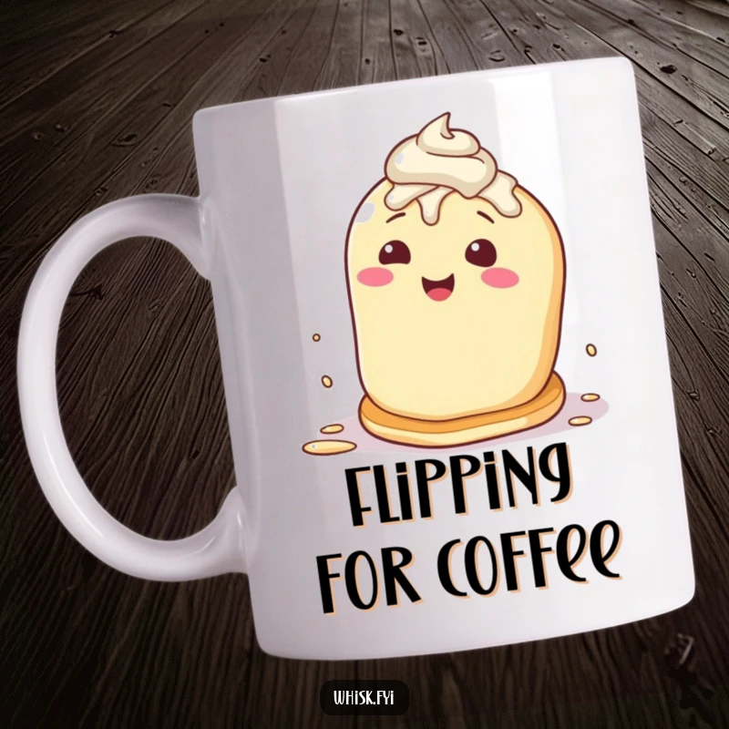 Funny mug featuring a happy pancake character mid-flip, splattered with frosting, attempting a daring self-flip with a determined grin.