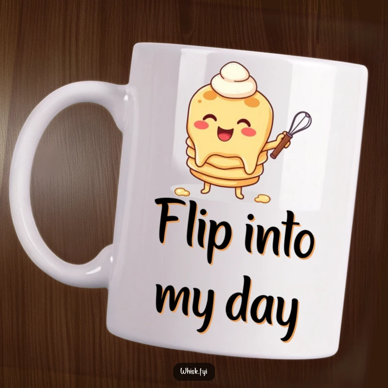 Funny mug depicting a cheerful pancake character flipping batter with a whisk, a humorous and energetic breakfast scene.