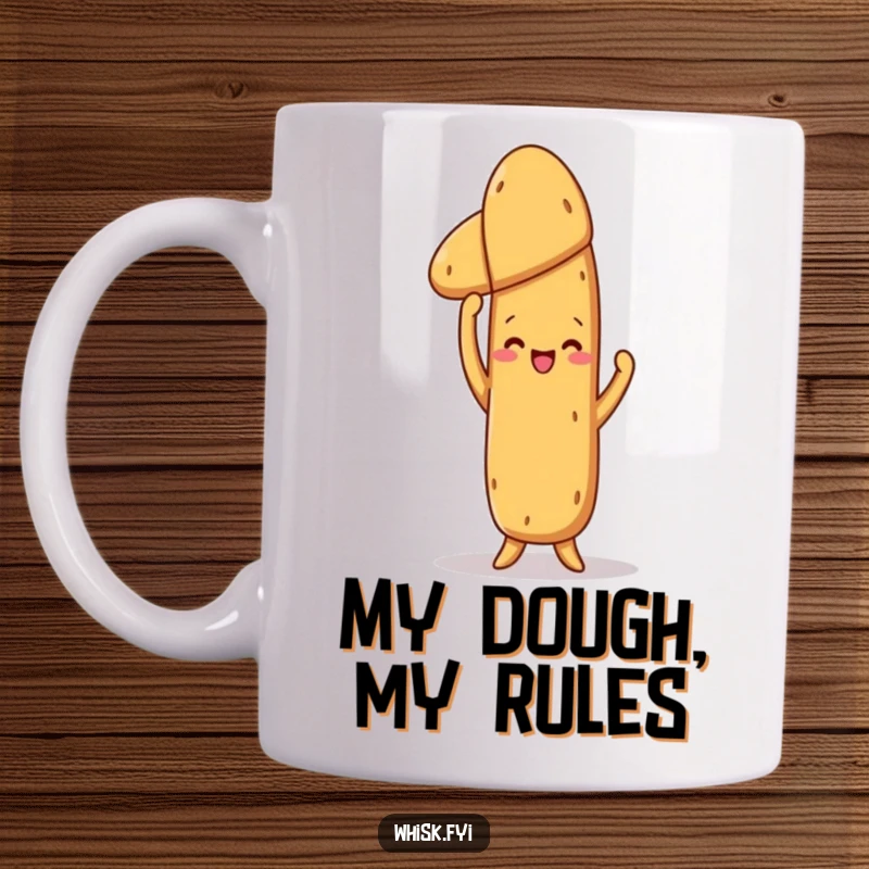 Funny Baguette Mug: A proud baguette holding up a baked loaf, celebrating culinary success with a humorous victor's pose.
