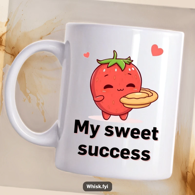 Funny mug with a shy, blushing strawberry character proudly presenting a perfectly baked pie, heartwarming for bakers and dessert enthusiasts.