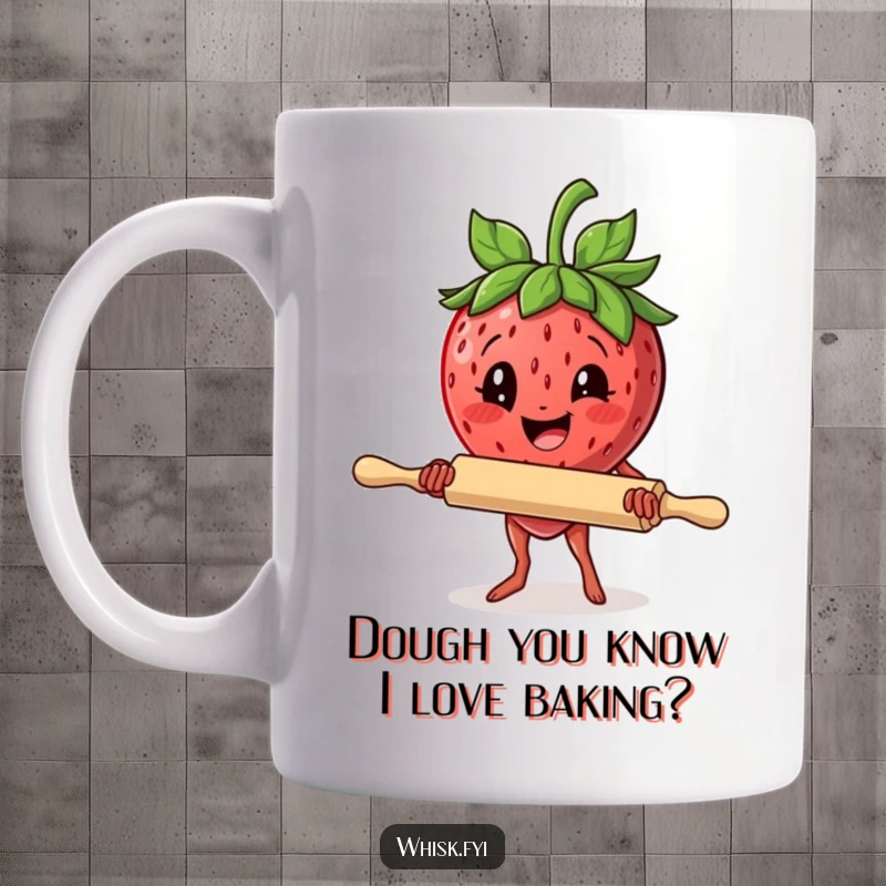 Funny mug featuring a delighted strawberry with a rolling pin, ready to bake with determined effort, a perfect gift for bakers.