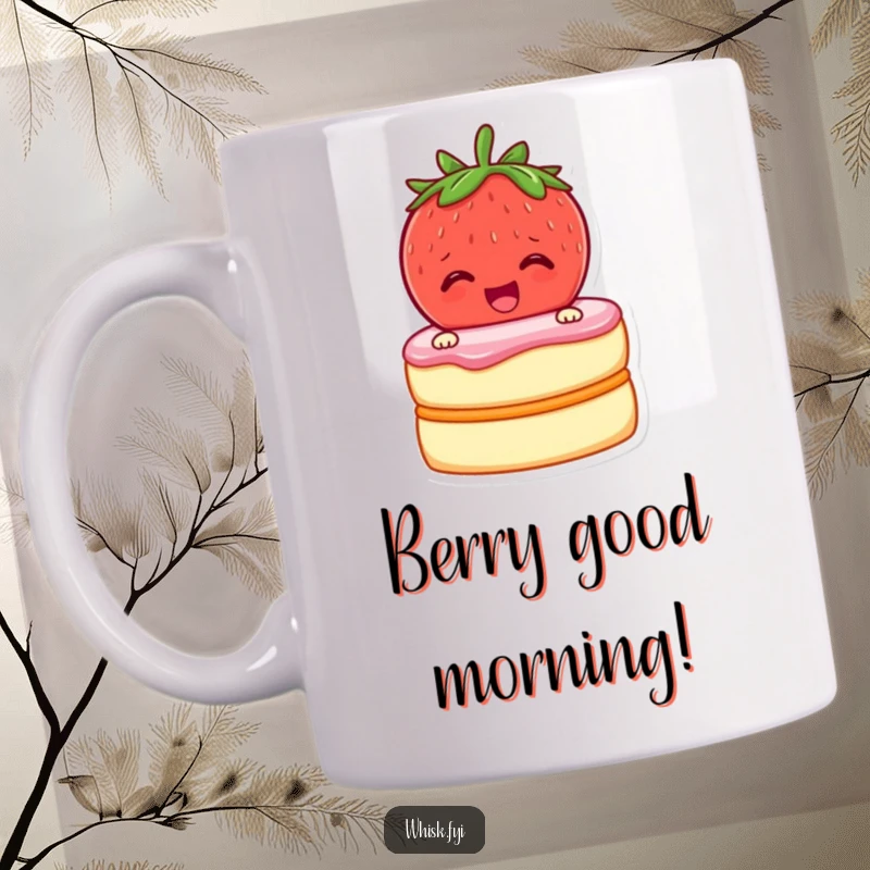 Funny mug of a cheerful strawberry zipping two cake layers together with excitement, perfect for bakers.