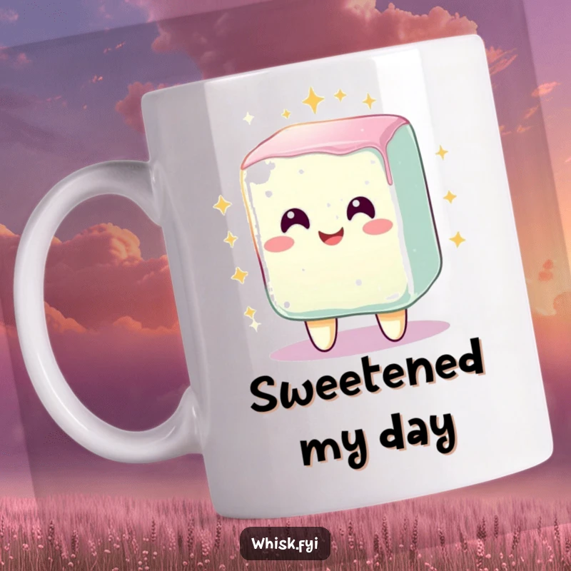 Funny mug depicting a radiant, smiling sugar cube character sparkling brightly after being mixed, a sweet and cheerful design.
