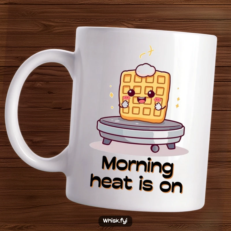 Funny mug depicting a determined waffle bravely standing its ground on a hot griddle, ready for action.