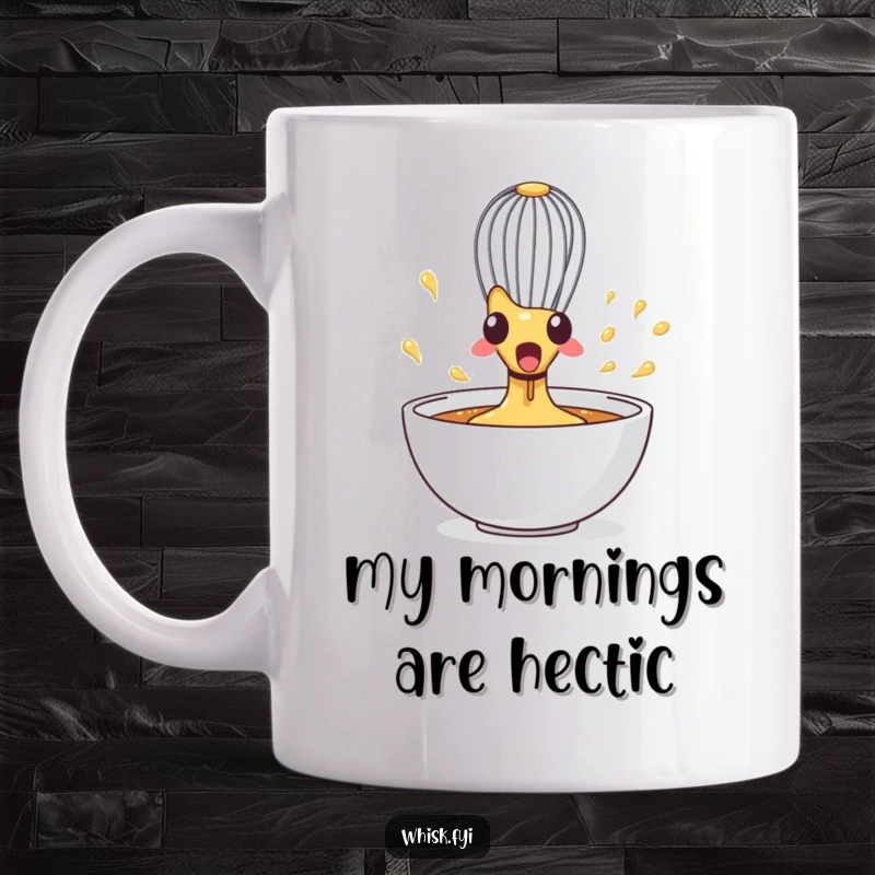 Funny Whisk Mug showing a startled whisk spinning erratically in a bowl, symbolizing culinary excitement and surprise.