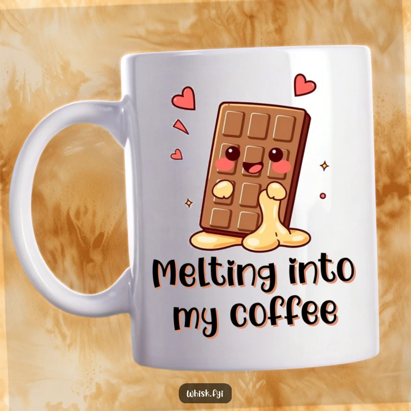 Funny kawaii chocolate bar, melting slightly with a happy sigh, a relaxing and hilarious mug for chocoholics, perfect gift.