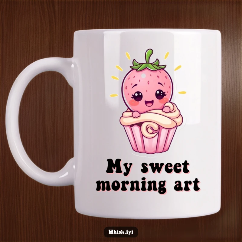 Funny pink strawberry character proudly grinning while decorating a cupcake with a swirl on this mug, a sweet baking humor gift.