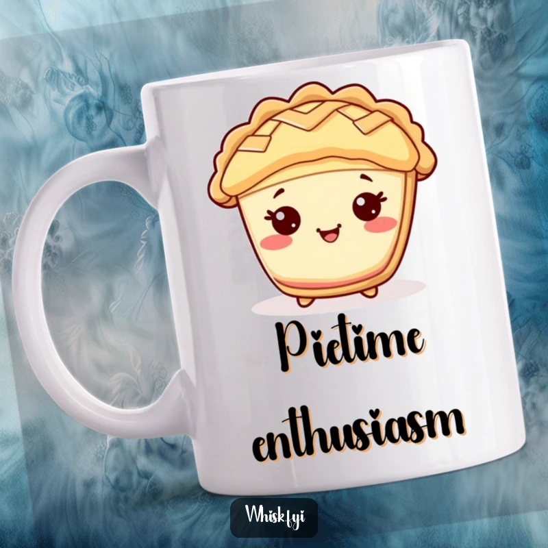 Funny Kawaii pie mug, featuring a cheerful pie character with a lattice top, exuding joy and warmth.