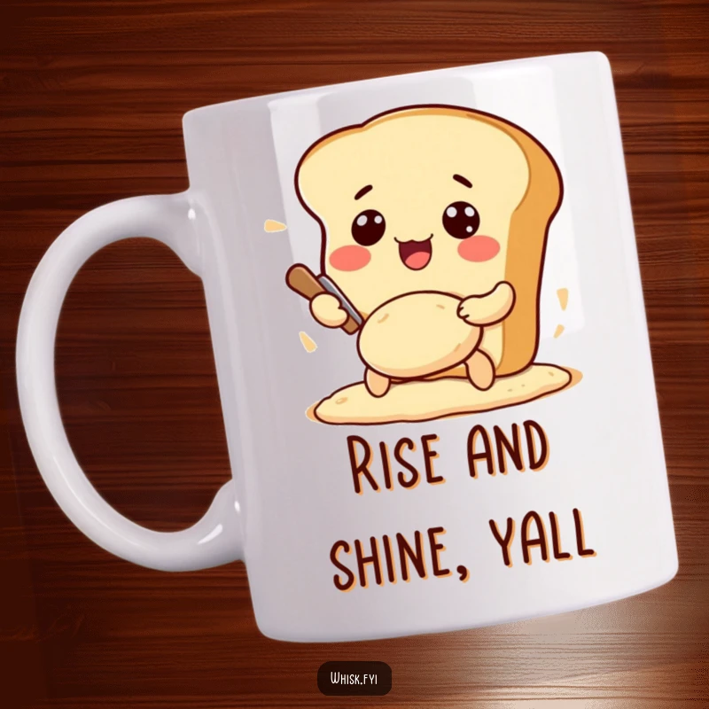 Funny Kawaii bread loaf mug, excitedly kneading dough with pure joy, a humorous and delightful kitchen accessory.