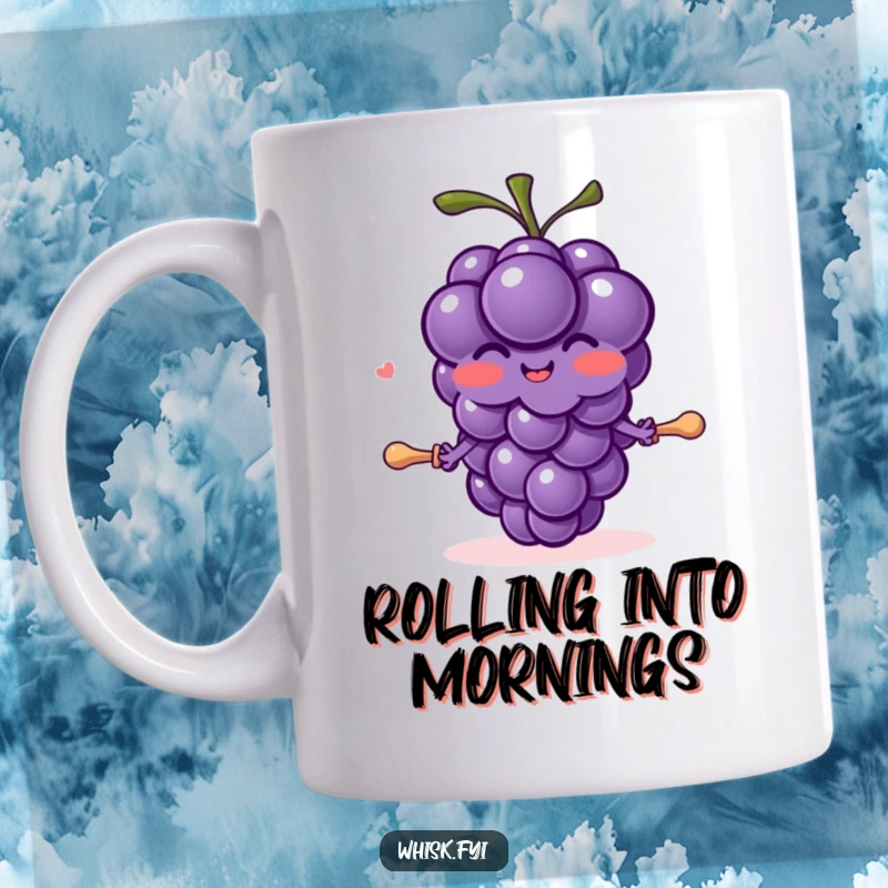 Funny blushing purple grape character with tiny arms joyfully rolling out dough with a small pin, a baking mug.