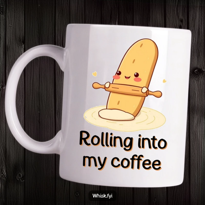 Funny mug of a gleeful baguette rolling out dough with a tiny rolling pin, showcasing the joy and humor of baking bread.