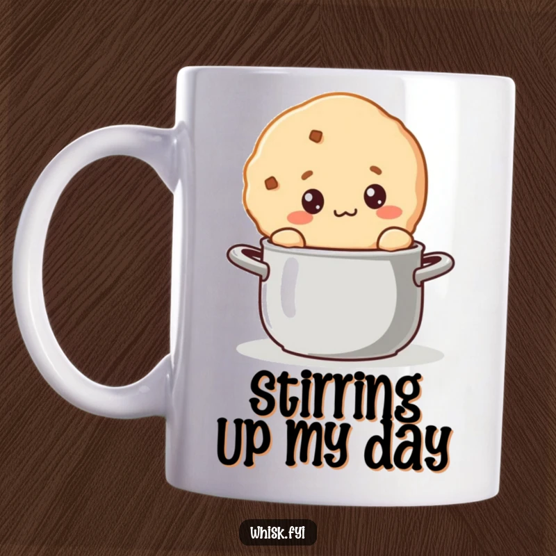 Funny kawaii cookie character curiously stirring a pot of bubbling stew with a wooden spoon.