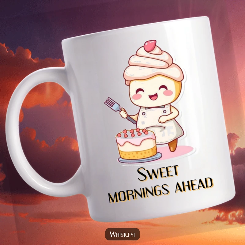 Funny mug: A smiling cupcake wearing an apron joyfully decorates a cake with frosting, embodying sweet artistry.