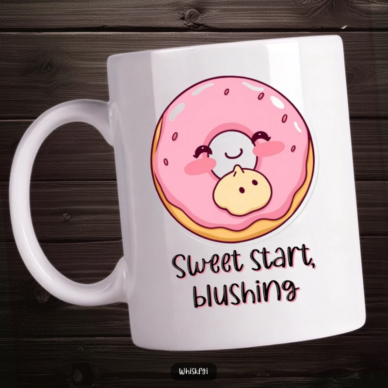 Funny mug showing a blushing donut adorably frosting a small cookie with a shy, sweet expression.