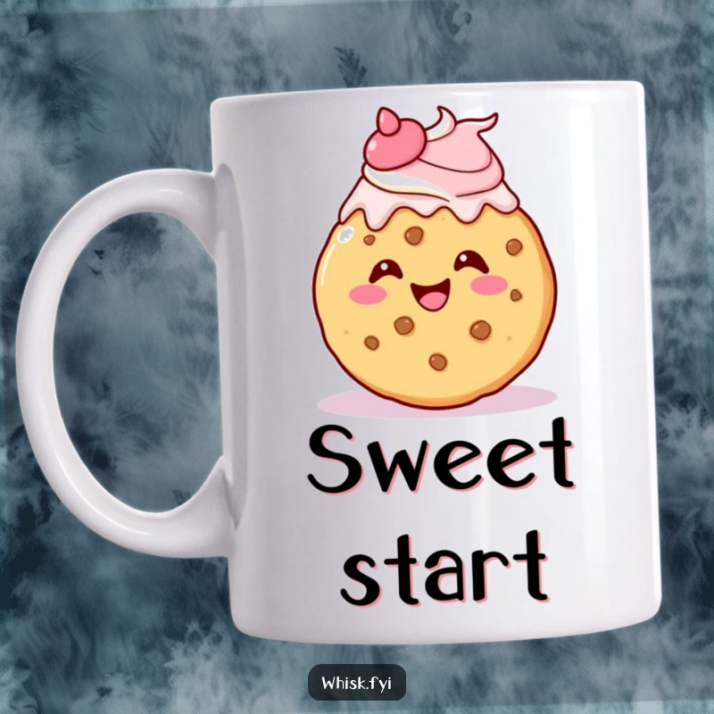 Funny kawaii cookie mug, gleefully icing itself with a cheerful flourish, looking delicious and happy.