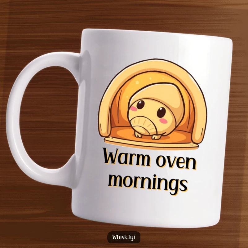 Funny croissant mug featuring a curious croissant character peeking into a warm oven, perfect for bakery enthusiasts.