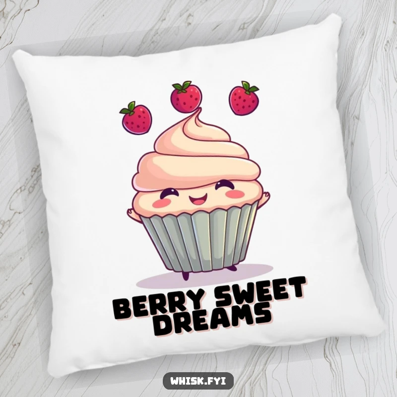 Funny pillow showcasing a smiling cupcake juggling three small berries, providing a cute and humorous decorative touch for any cozy spot.