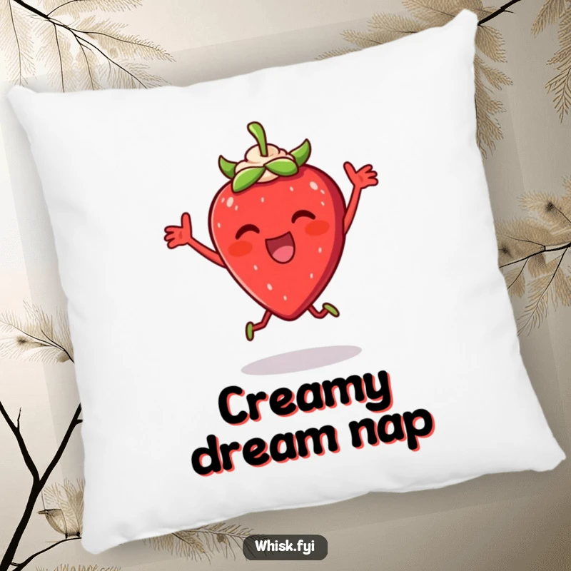 Funny Strawberry Dance Pillow: A plush pillow featuring a thrilled strawberry dancing with cream, offering comfort and a dose of dessert humor.