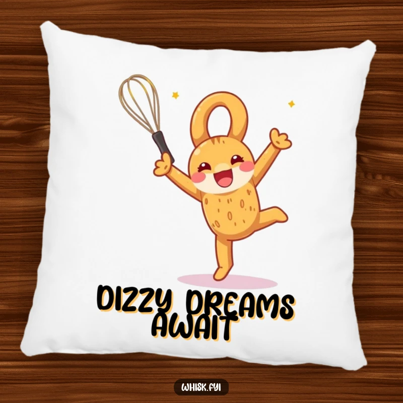 Funny pillow design of a pretzel doing a somersault with a whisk, offering a soft spot for baking lovers.