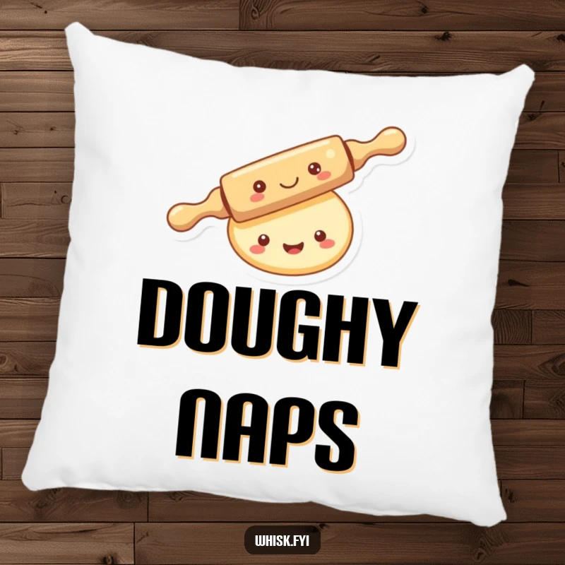 Funny kawaii rolling pin pillow, merrily rolling over a smiling piece of dough, soft and huggable.