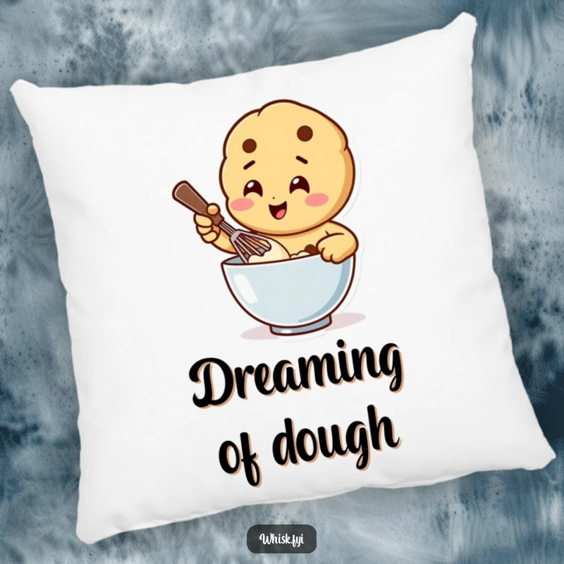 Funny pillow featuring a happy cookie character vigorously whisking batter in a bowl, offering comfort and baking-themed amusement.