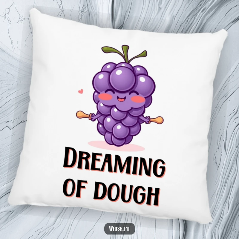 Funny blushing purple grape character with tiny arms joyfully rolling dough with a pin on a soft pillow.