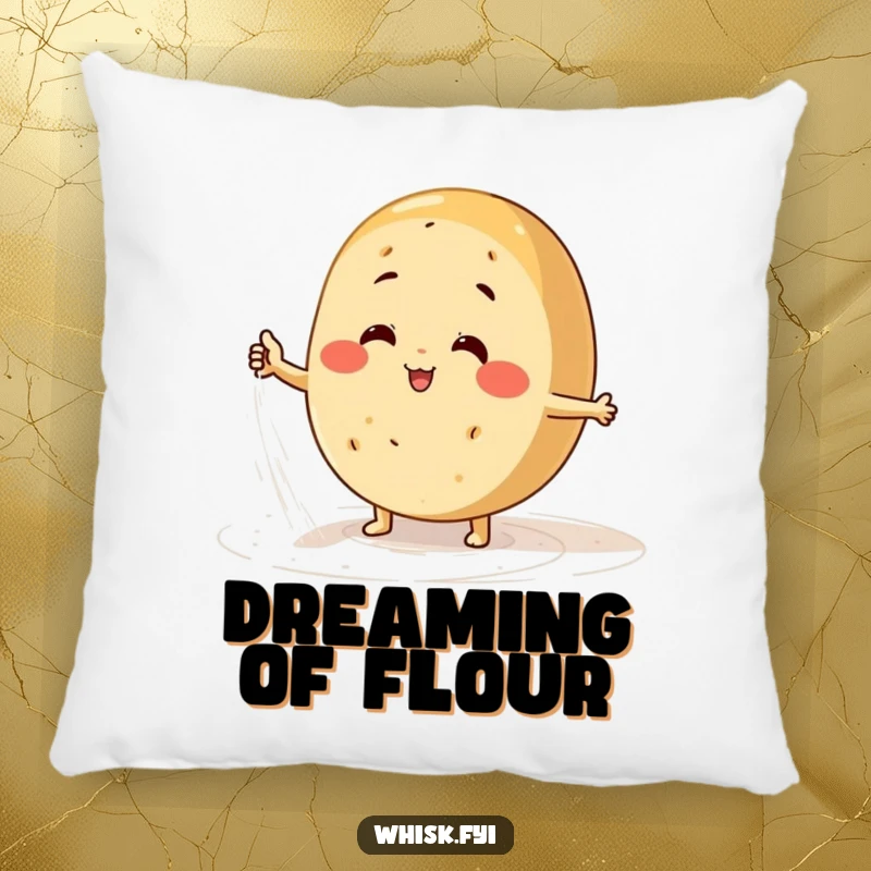 Funny bread pillow with a happy baker character energetically dusting flour on a surface, perfect for cozy moments.