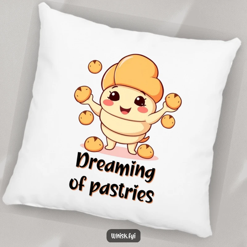 Funny pillow featuring a smiling croissant character juggling tiny bread rolls, offering a soft and humorous accent.