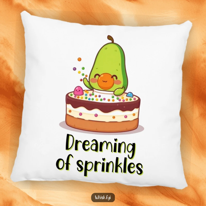 Funny green avocado with an apron decorating a cake with colorful dots on a soft pillow.