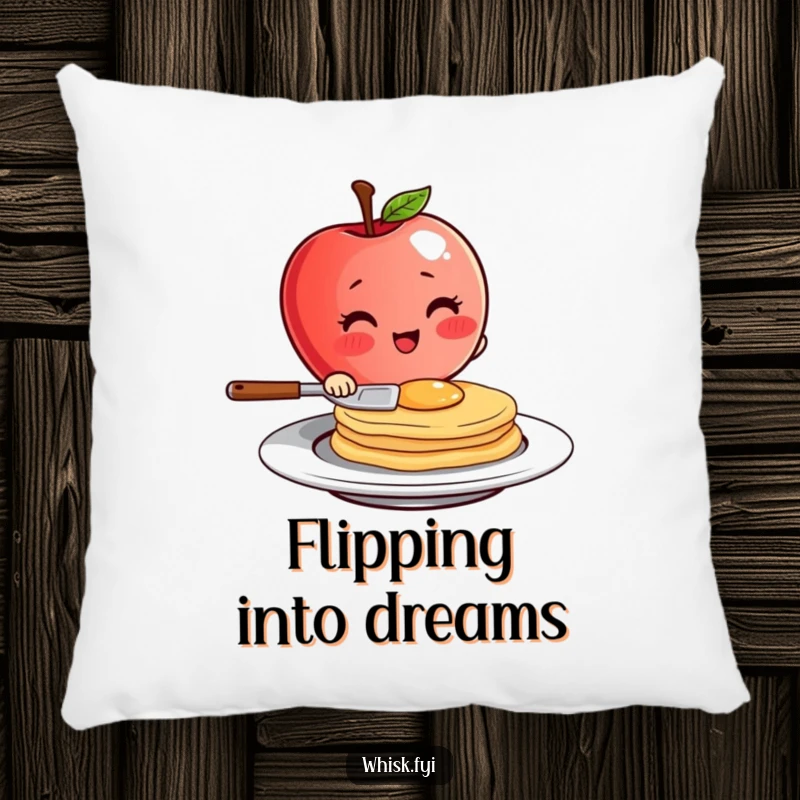 Funny blushing red apple character flipping a pancake with flair on a soft pillow, adding breakfast humor to decor.