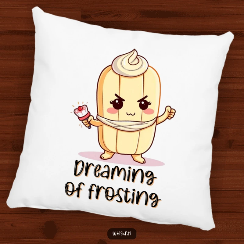 Funny baguette pillow featuring a determined baguette character bravely piping frosting, perfect for comfort and style.