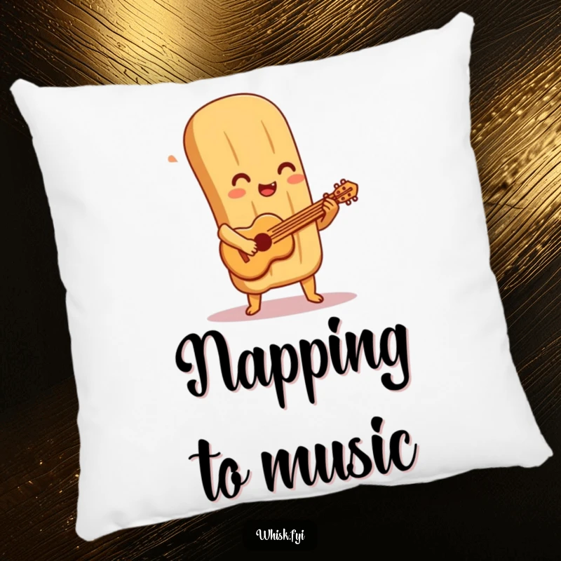 Funny baguette pillow depicting a delighted baguette character playing a tiny pastry guitar, offering a soft and humorous decorative touch.