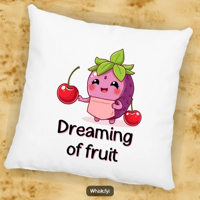 Funny berry pillow with a delighted berry chef wearing an apron and placing a cherry, bringing cozy charm.