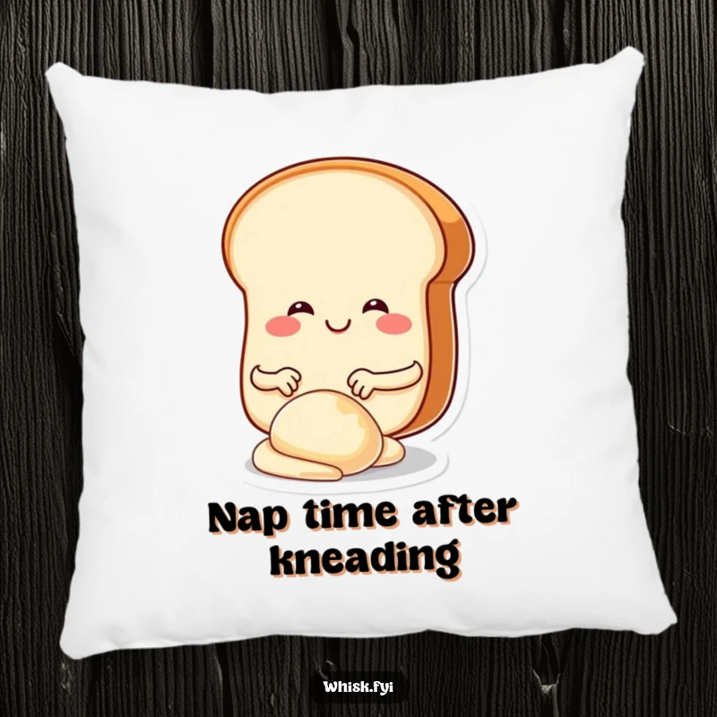 Funny, smiling bread slice character kneading dough with tiny hands, printed on a soft, decorative pillow.