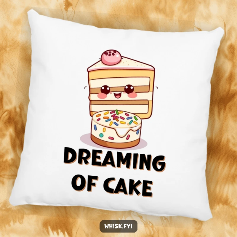 Funny pillow with a joyful slice of cake decorating a smaller cake with sprinkles, ideal for comfort.